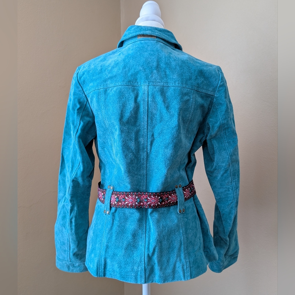 Ruff Hewn Suede Turquoise Utility Jacket with Patterned Belt Women's Size M - Picture 4 of 13